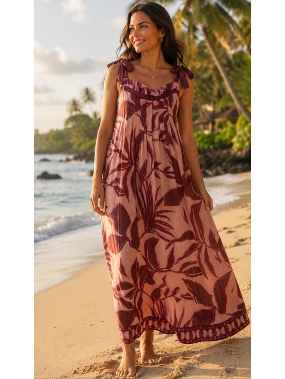 Tuckernuck Maxi Dress L Sangria Palm Tie Shoulder Rayon Relaxed Summer Cover Up